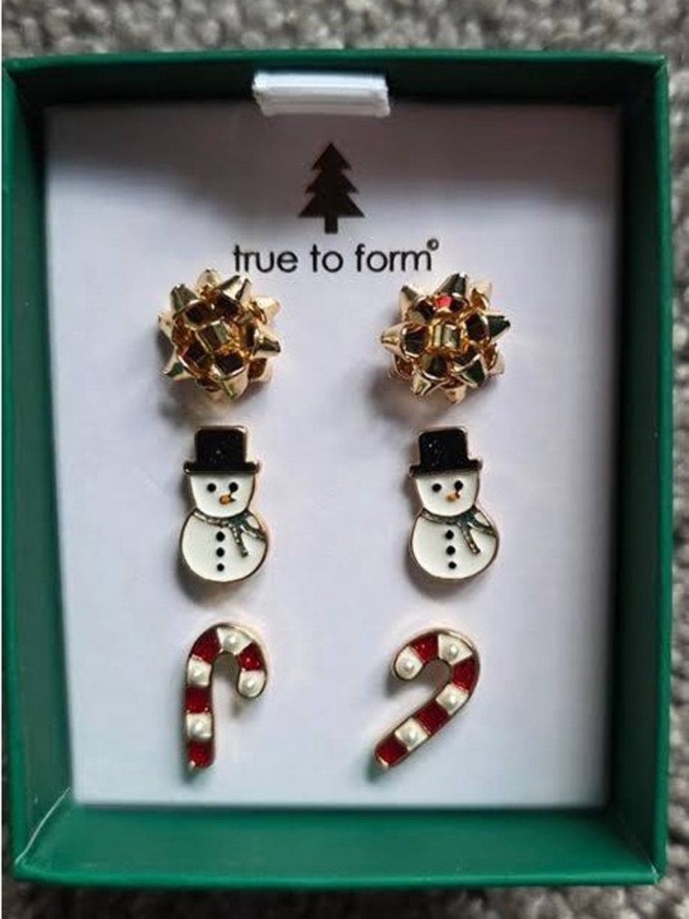 True to Form 3pc Holiday Earring Set-gift bows, Snowmen, candy canes &Gift box